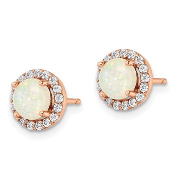 Sterling Silver Rose-tone Polished Created Opal & CZ Halo Post Earrings — alternate view