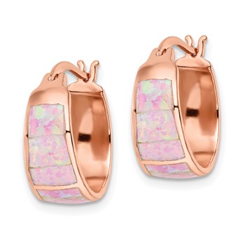 Sterling Silver Rose-tone Polished Pink Created Opal Inlay Hoop Earrings — alternate view