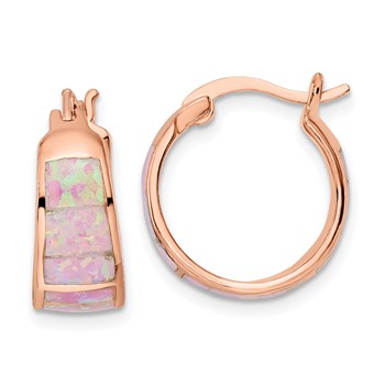 Sterling Silver Rose-tone Polished Pink Created Opal Inlay Hoop Earrings