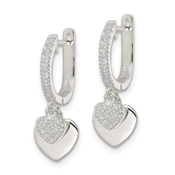 Sterling Silver Polished CZ Dangle Hearts Hinged Hoop Earrings — alternate view