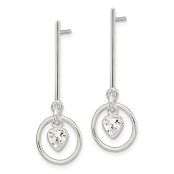 Sterling Silver Polished Dangle Heart CZ Post Earrings — alternate view