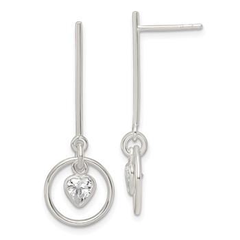 Sterling Silver Polished Dangle Heart CZ Post Earrings