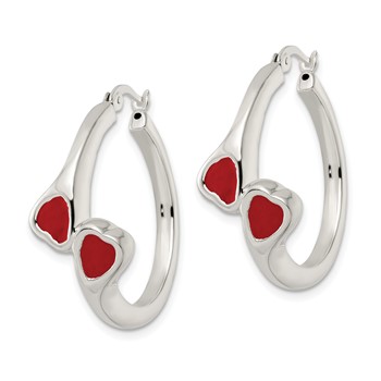 Sterling Silver Polished Red Enamel Hearts Circle Hoop Earrings — alternate view