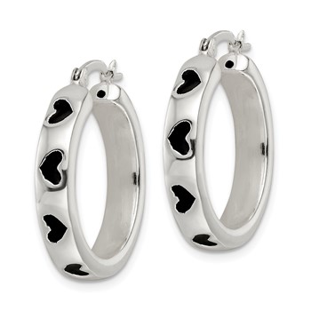 Sterling Silver Polished Black Enameled Hearts Circle Hoop Earrings — alternate view
