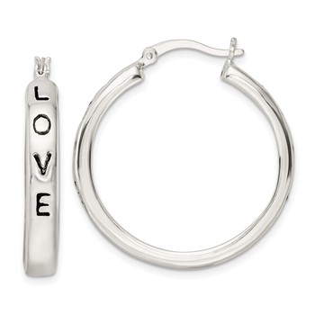 Sterling Silver Polished Black Enamel Love Circle Hoop Earrings