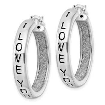 Sterling Silver Rhodium-plated Fabric Glitter I Love You Hoop Earrings — alternate view