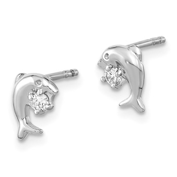 Sterling Silver Rhodium-plated CZ Dolphin Post Earrings — alternate view
