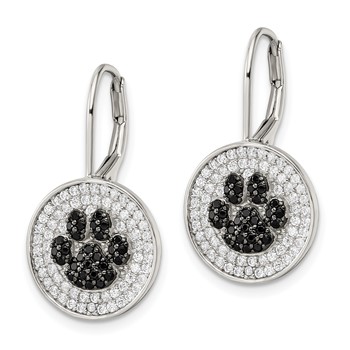 Sterling Silver Rhodium-plated Polished CZ Paw Print Leverback Earrings — alternate view