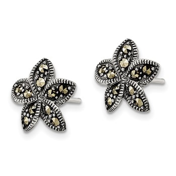 Sterling Silver Antiqued Marcasite Flower Post Earrings — alternate view
