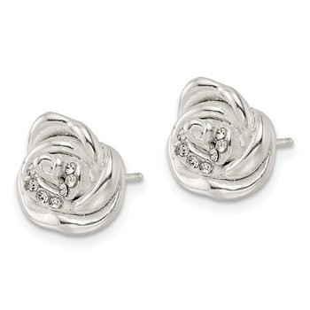 Sterling Silver Polished & Lasered Crystal Rose Post Earrings — alternate view