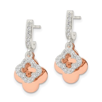 Sterling Silver Rose-tone Quatrefoil CZ Dangle Post Earrings — alternate view