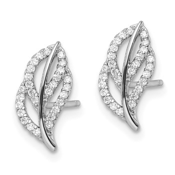 Sterling Silver Rhodium-plated Polished CZ Leaf Post Earrings — alternate view