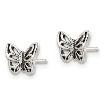 Sterling Silver Antiqued CZ Butterfly Post Earrings — alternate view