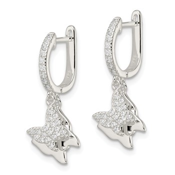 Sterling Silver Polished CZ Dangle Butterflies Hinged Post Earrings — alternate view