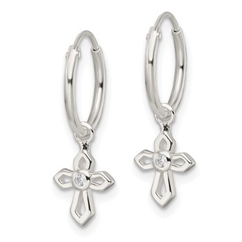 Sterling Silver Polished CZ Passion Cross Dangle Endless Hoop Earrings — alternate view