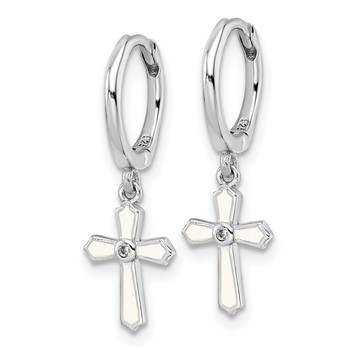 Sterling Silver Rhodium-plated Polished CZ & White Enamel Passion Cross Dangle Round Hoop Earrings — alternate view