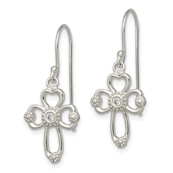 Sterling Silver Polished & Beaded CZ Cross Dangle Earrings — alternate view
