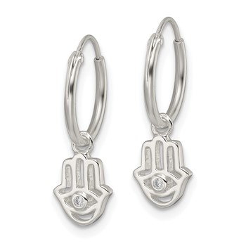 Sterling Silver Polished CZ Hamsa Dangle Endless Round Hoop Earrings — alternate view