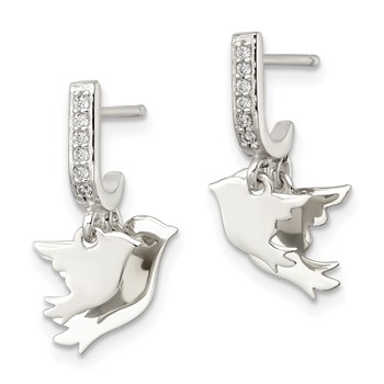 Sterling Silver Polished CZ Two Doves J-Hoop Post Earrings — alternate view