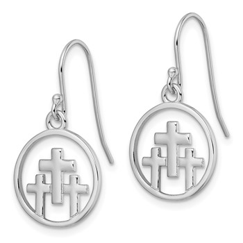 Sterling Silver RH-plated Polished 3 Crosses in Circle Dangle Earrings — alternate view