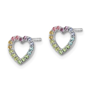 Sterling Silver RH-plated Rainbow Crystal Open Heart Post Earrings — alternate view