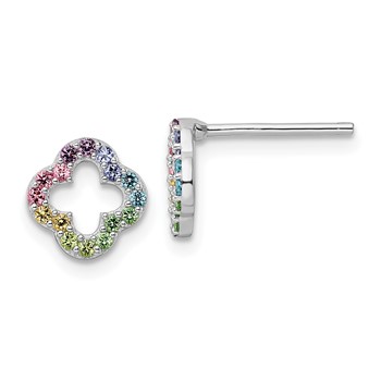 Sterling Silver Rhodium-plated Rainbow Crystal Clover Post Earrings