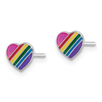 Sterling Silver Rhodium-plated Polished Rainbow Enameled Heart Children's Post Earrings — alternate view