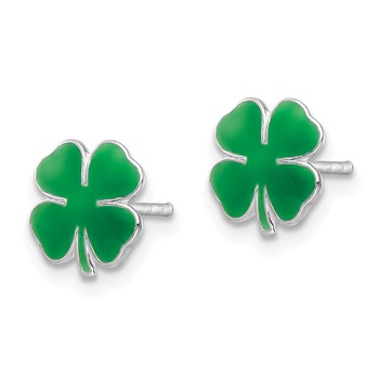 Sterling Silver Rhodium-plated Polished & Green Enameled Four Leaf Clover Children's Post Earrings — alternate view