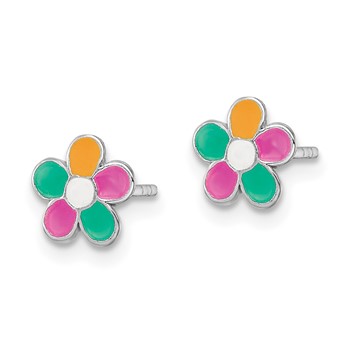 Sterling Silver Rhodium-plated Multi-color Enameled Flower Children's Post Earrings — alternate view