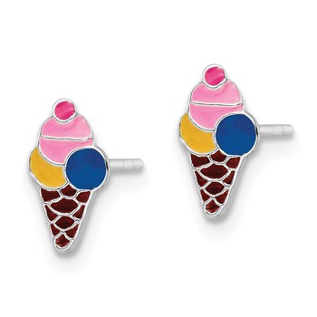 Sterling Silver Rhodium-plated Polished & Multi-color Enameled Ice Cream Cone Children's Post Earrings — alternate view