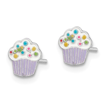 Sterling Silver Rhodium-plated Polished Multi-color Enameled Cupcake Children's Post Earrings — alternate view