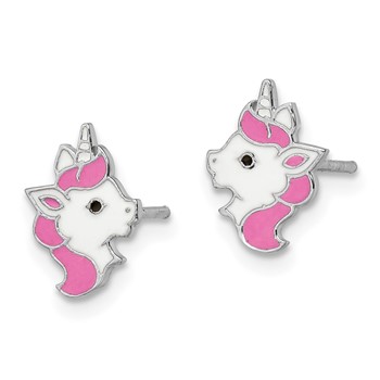 Sterling Silver Rhodium-plated Polished Multi-color Enamel Unicorn Head Children's Post Earrings — alternate view