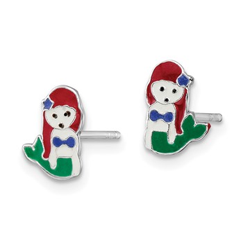 Sterling Silver Rhodium-plated Polished and Multi-color Enameled Mermaid Children's Post Earrings — alternate view