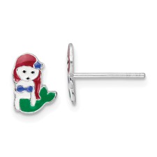 Image of Sterling Silver Rhodium-plated Polished and Multi-color Enameled Mermaid Children's Post Earrings