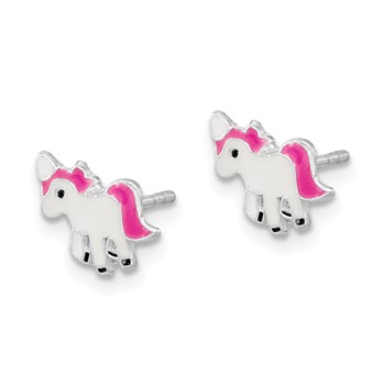 Sterling Silver Rhodium-plated Polished Multi-color Enameled Pink Unicorn Children's Post Earrings — alternate view