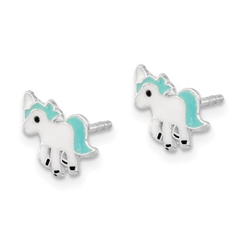 Sterling Silver Rhodium-plated Polished Multi-color Enameled Blue Unicorn Children's Post Earrings — alternate view