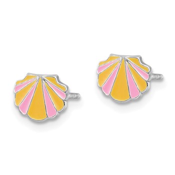 Sterling Silver Rhodium-plated Polished Pink and Orange Enameled Shell Children's Post Earrings — alternate view