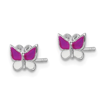 Sterling Silver Rhodium-plated Polished Pink & White Enameled Butterfly Children's Post Earrings — alternate view