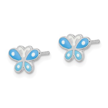 Sterling Silver Rhodium-plated Polished Blue Enameled Butterfly Children's Post Earrings — alternate view