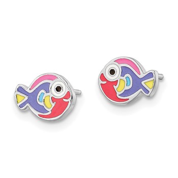 Sterling Silver Rhodium-plated Polished Multi-color Enameled Fish Children's Post Earrings — alternate view
