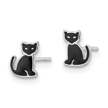 Sterling Silver RH-plated Polished Black Enameled Cat Post Earrings — alternate view