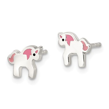 Sterling Silver Polished Multi-color Enameled Unicorn Children's Post Earrings — alternate view