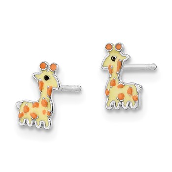 Sterling Silver Rhodium-plated Polished & Yellow, Orange & Black Enameled Giraffe Children's Post Earrings — alternate view