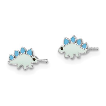 Sterling Silver Rhodium-plated Polished & Blue/Black Enameled Dinosaur Children's Post Earrings — alternate view