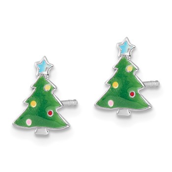 Sterling Silver Rhodium-plated Polished Multi-color Enameled Christmas Tree Children's Post Earrings — alternate view