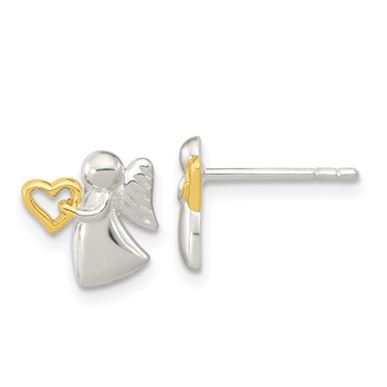 Sterling Silver Angel Gold-tone Heart Polished Post Earrings