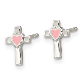 Sterling Silver Rhodium-plated Cross Pink Enamel Heart Post Earrings — alternate view