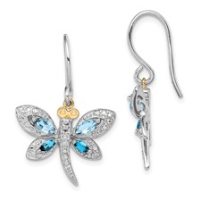 Image of Brilliant Gemstones Sterling Silver with 14K Accent Rhodium-plated Light Blue Topaz and London Blue Topaz and Diamond Dragonfly Shepherd Hook Dangle Earrings
