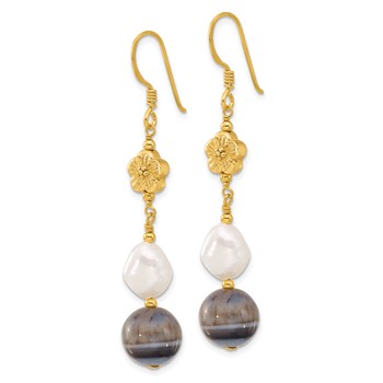 Sterling Silver Gold-plated FWC Pearl and Sardonyx Flower Earrings — alternate view