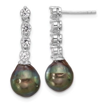 Sterling Silver Rhodium-plated 9-10mm Black Teardrop Tahitian Saltwater Cultured Pearl and CZ Post Dangle Earrings